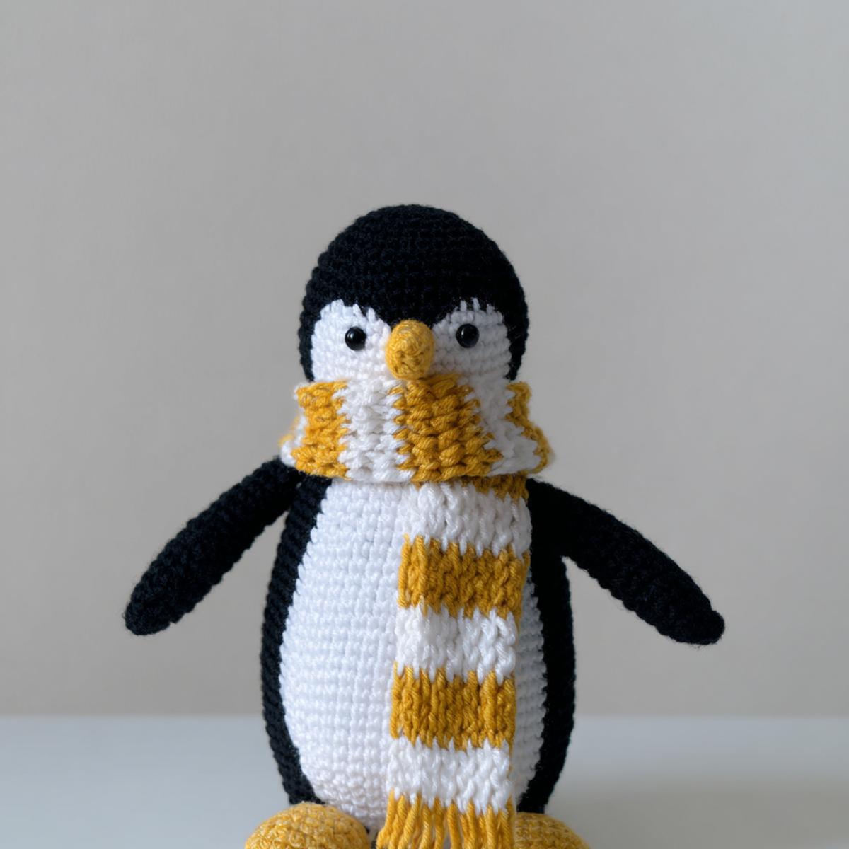 8. Pinguin mit Schal als amigurumi pattern free animals in Schwarzweiß und sattem Senfgelb