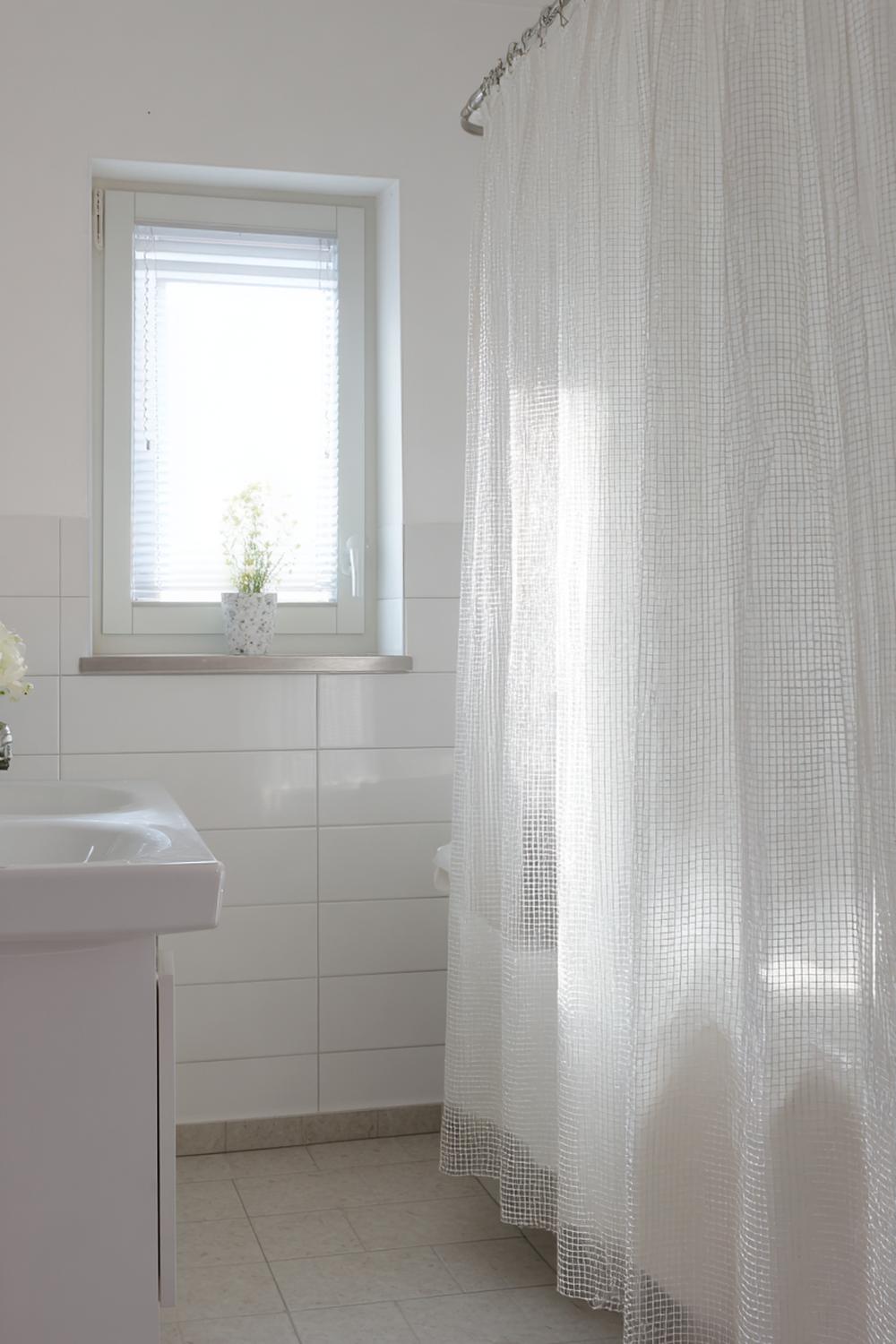 13. Badezimmer Deko Ideen klein: Helles Duschvorhang-Design mit feinen Streifen