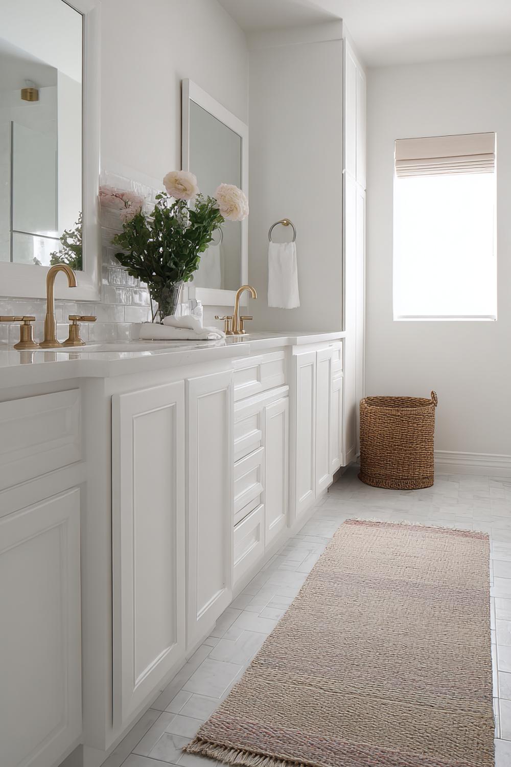 14. Badezimmer Deko Ideen klein: Teppichläufer in warmem Beige vor dem Waschtisch