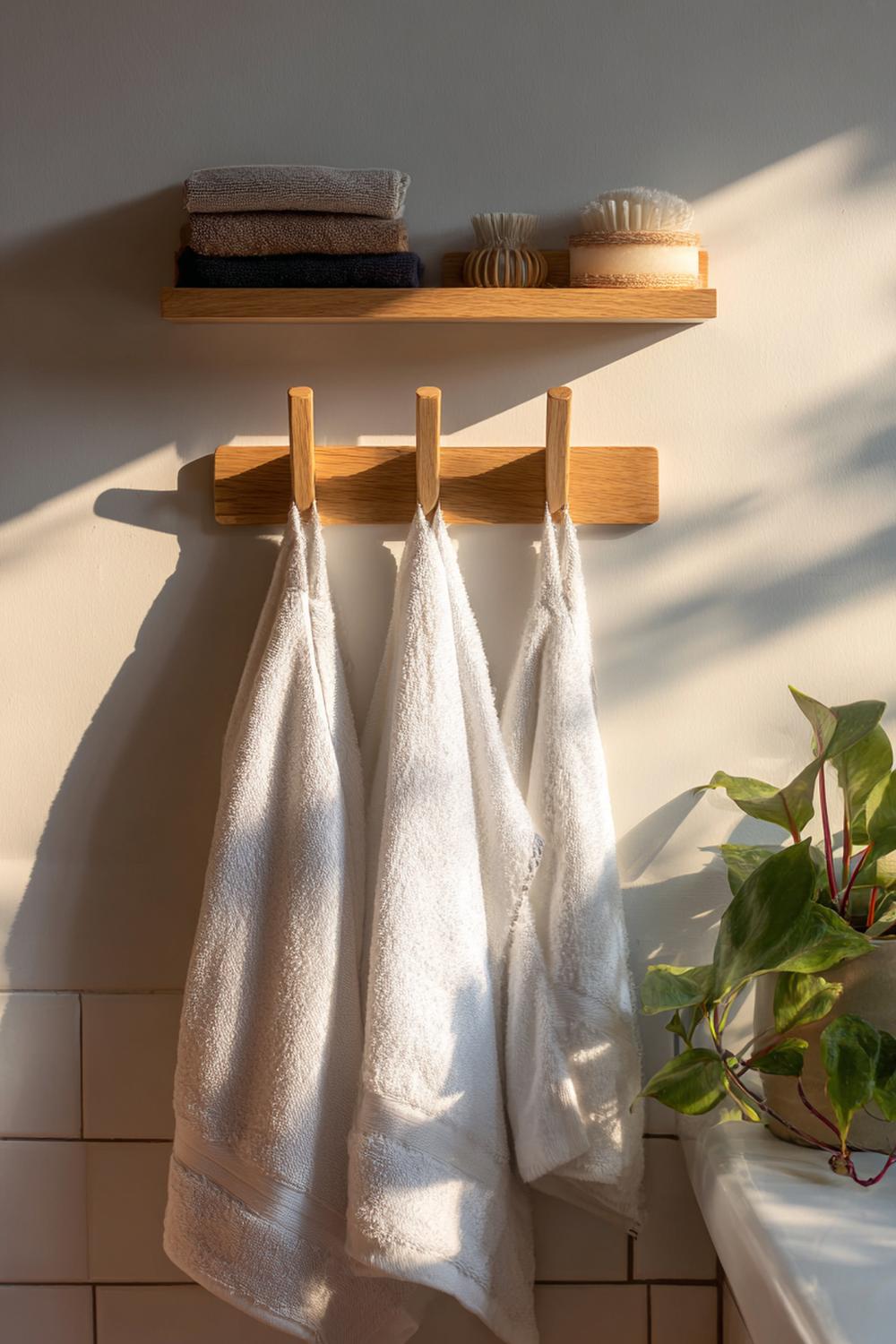 15. Badezimmer Deko Ideen klein: Wandhaken-Leiste aus Eiche für Bademantel