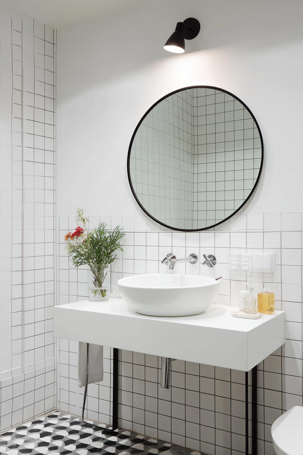 2. Badezimmer Deko Ideen klein: Runde Spiegelwand mit schwarzem Metallrahmen