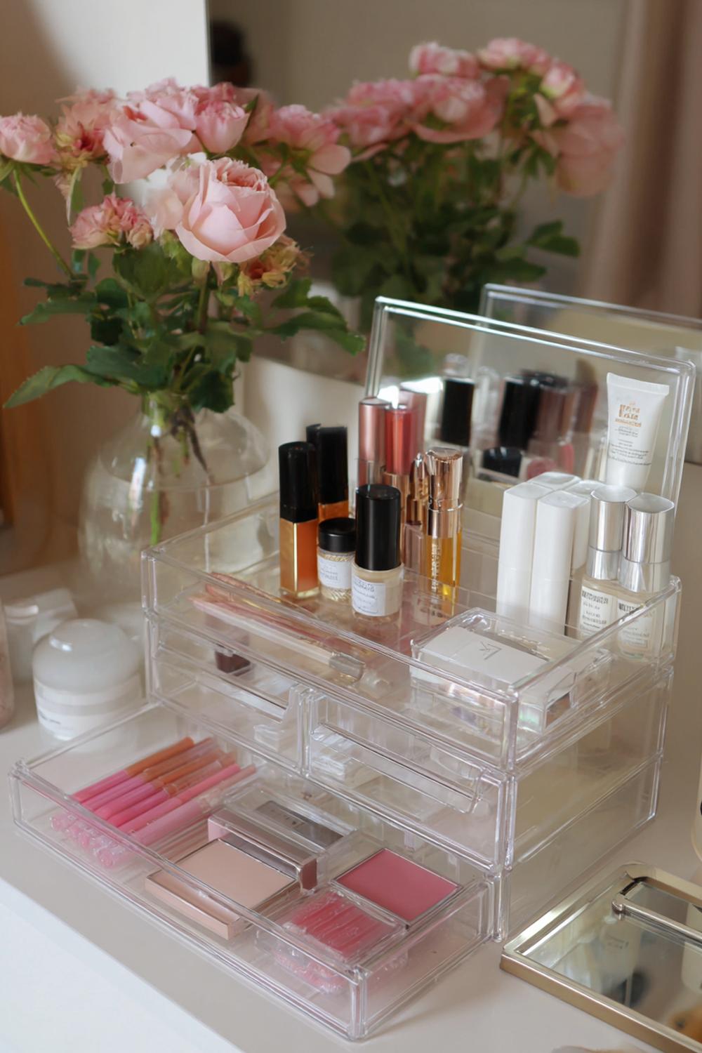 20. Badezimmer Deko Ideen klein: Transparente Organizer-Schublade für Make-up und Pflege