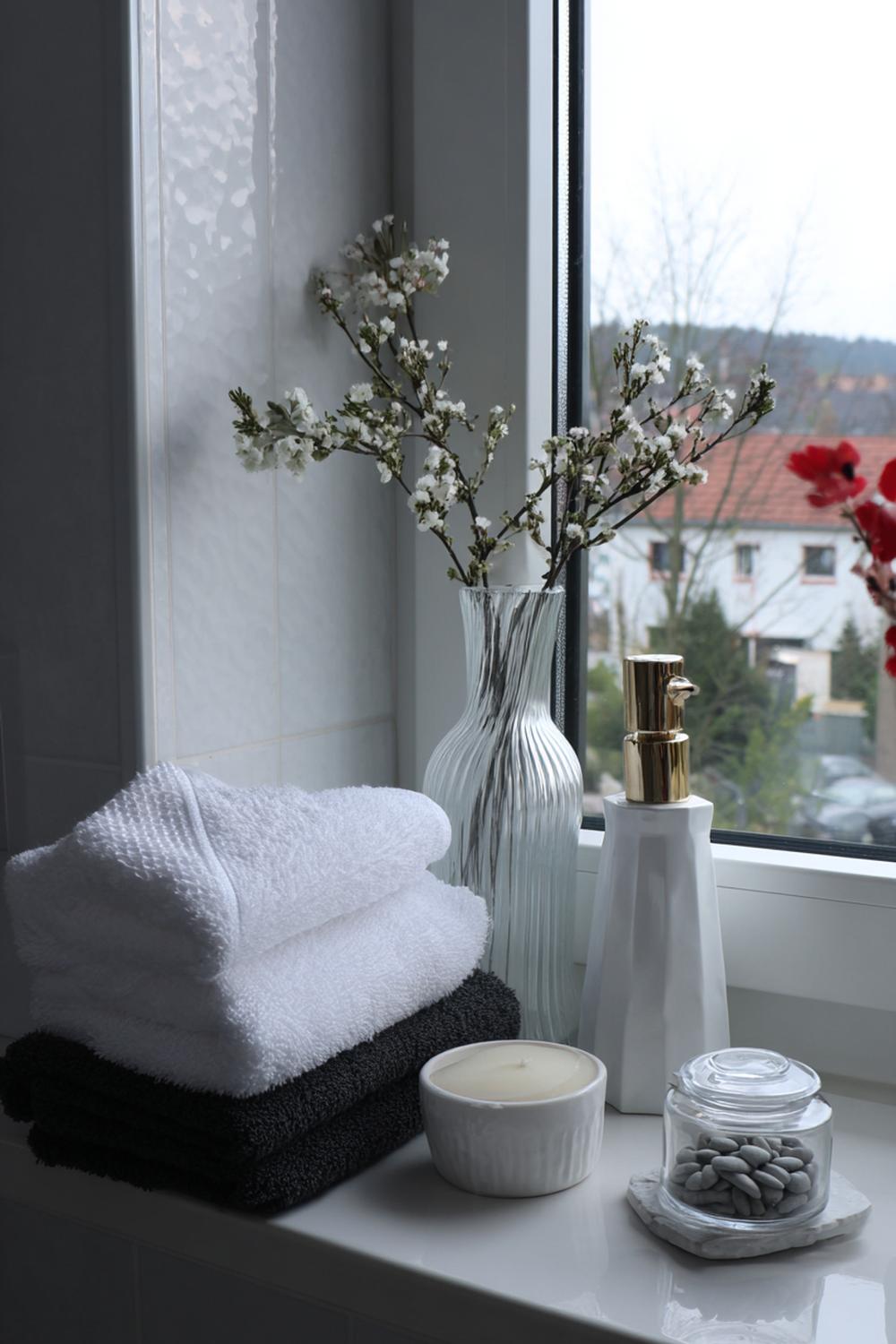 21. Badezimmer Deko Ideen klein: Fensterbank-Styling mit Milchglasvase und Kieseln