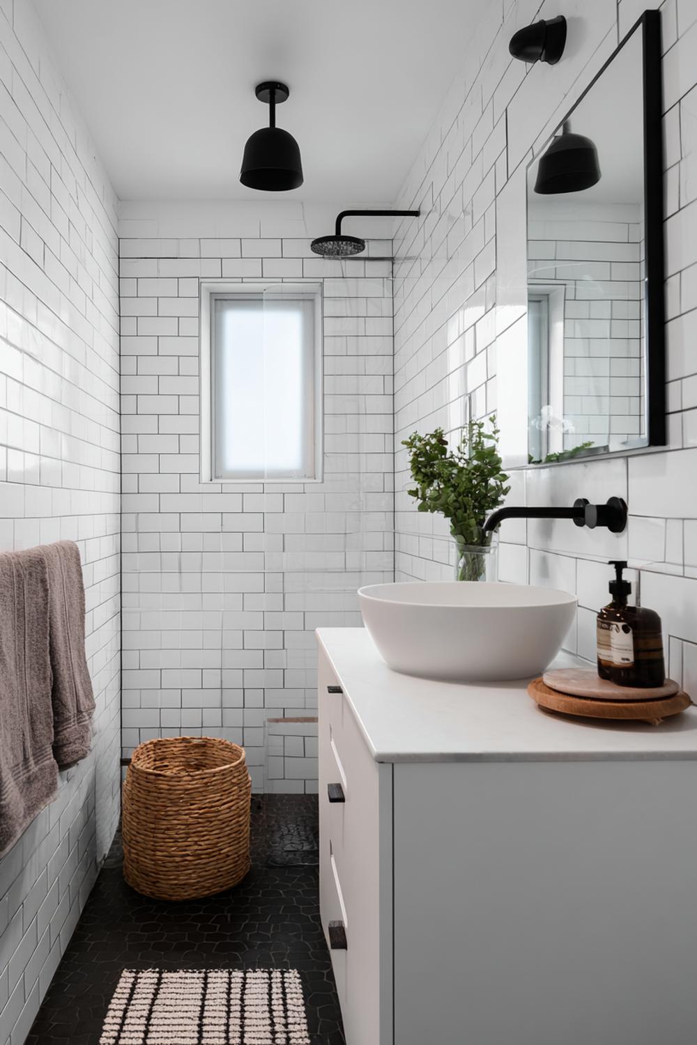 22. Badezimmer Deko Ideen klein: Schwarze Armaturen als Kontrast zu weißen Fliesen