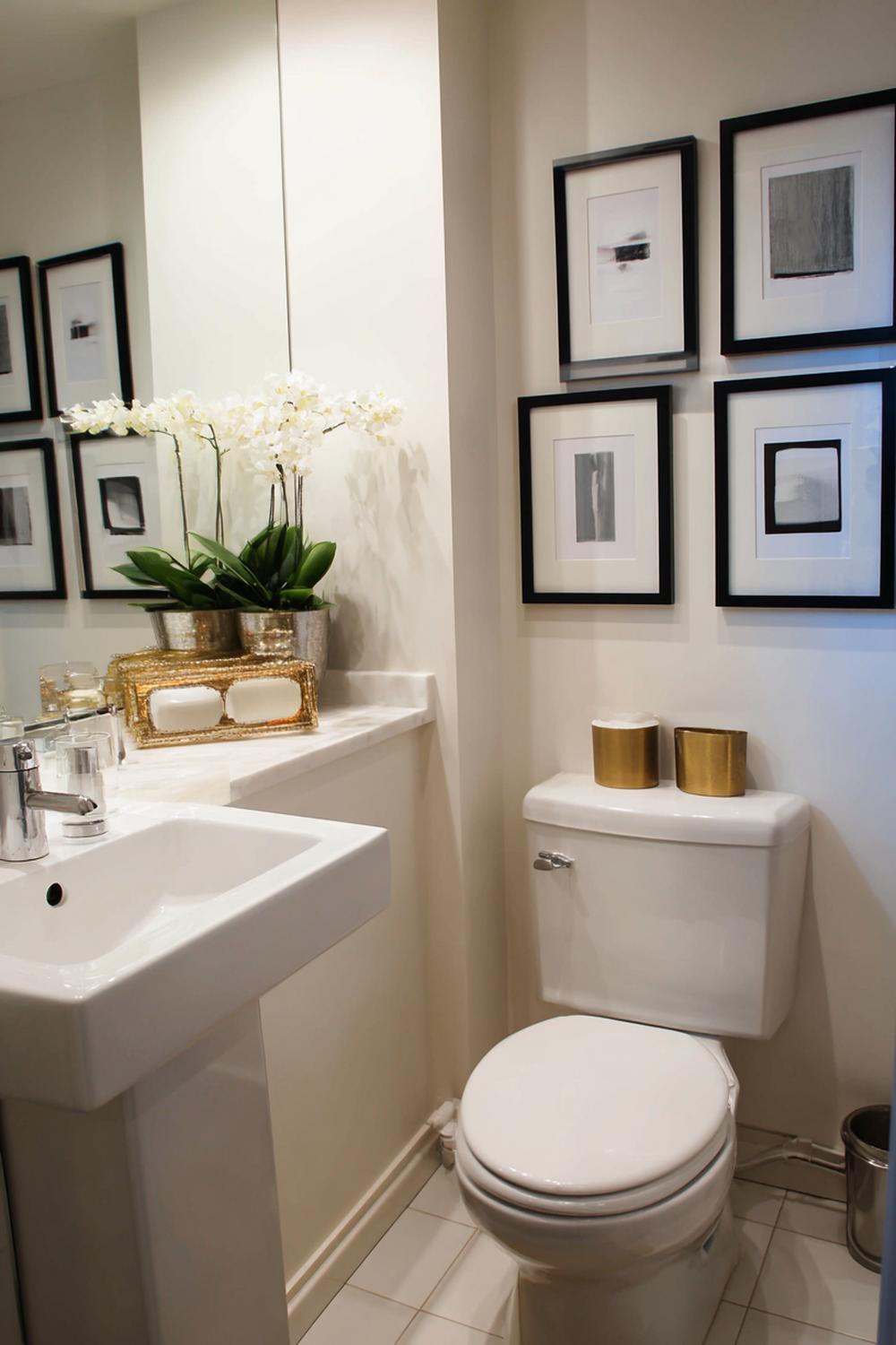 23. Badezimmer Deko Ideen klein: Mini-Galerie mit zwei Rahmen über dem WC