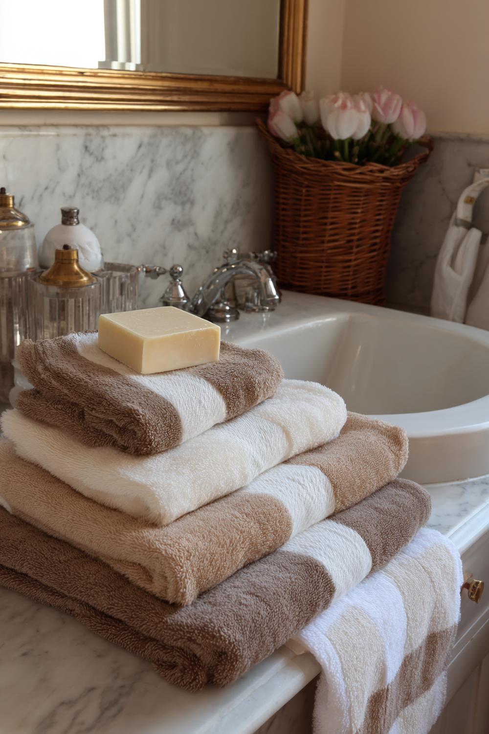 25. Badezimmer Deko Ideen klein: Einheitliche Handtücher in Sand- und Creme-Tönen