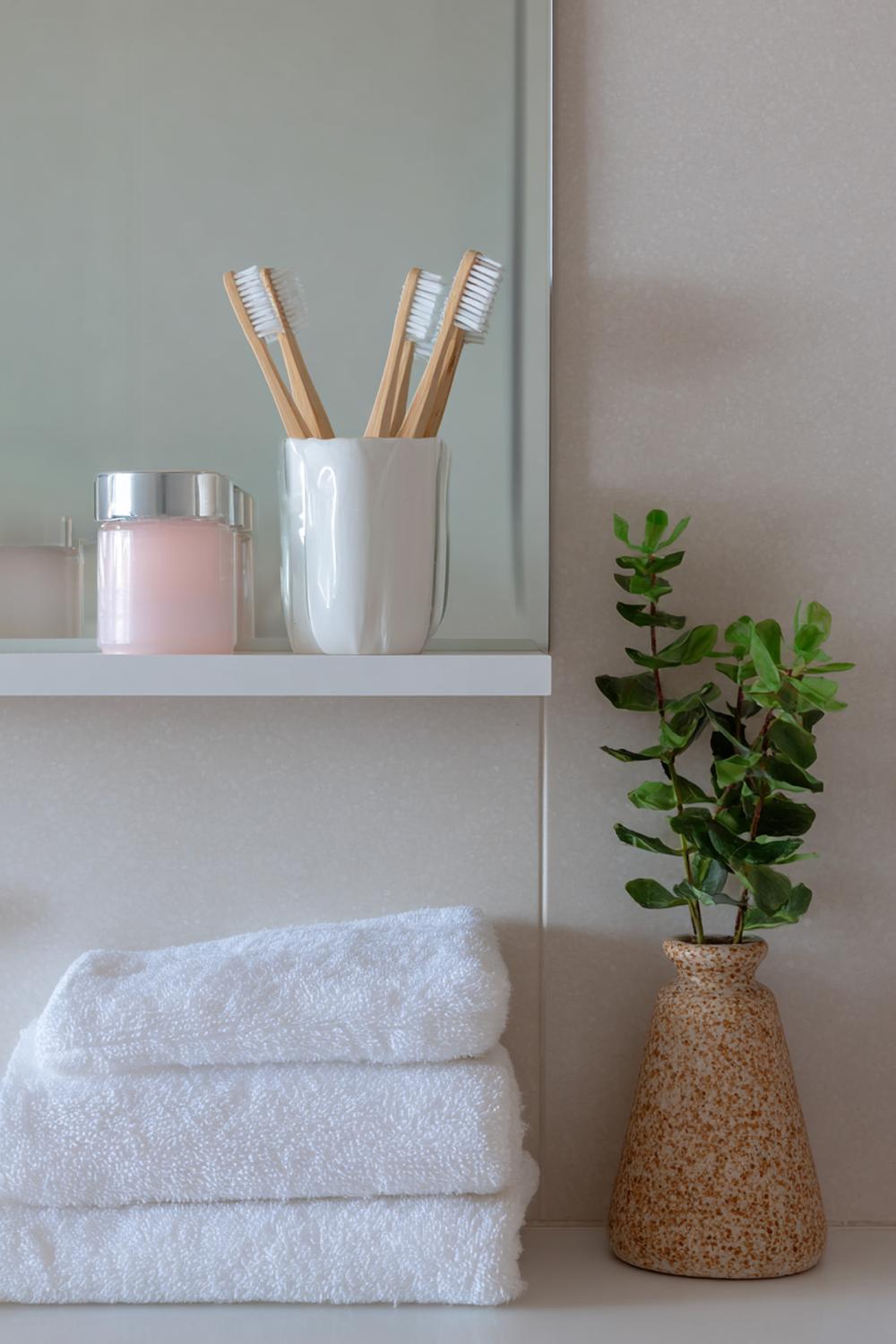 26. Badezimmer Deko Ideen klein: Spiegelablage mit Zahnbürstenbecher in Keramik