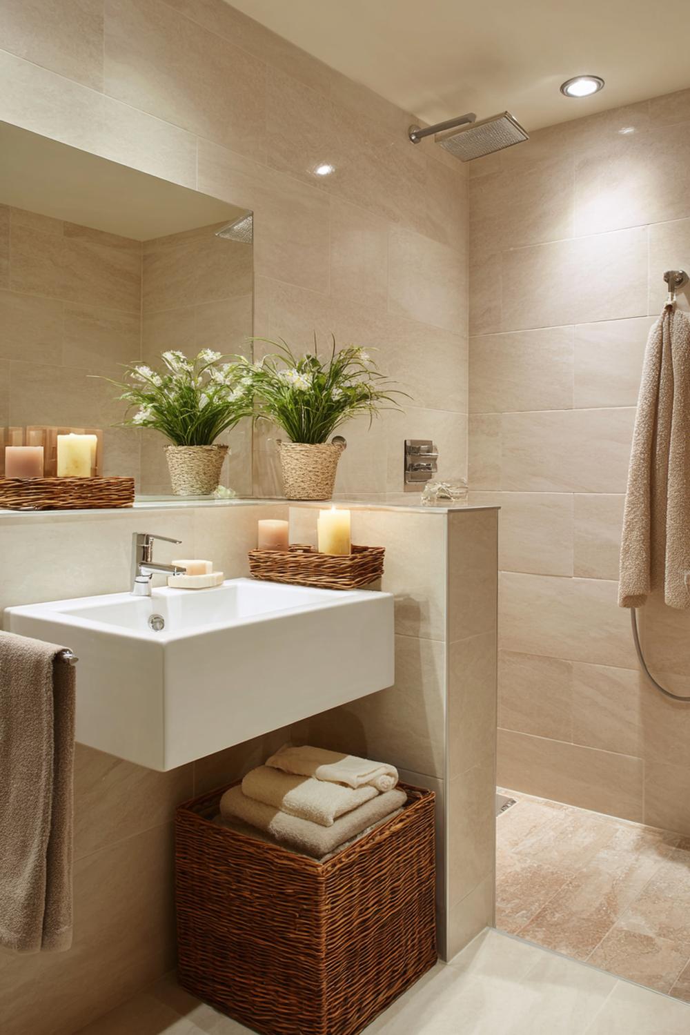 3. Badezimmer Deko Ideen klein: Schmale Nischenablage mit Naturstein-Optik