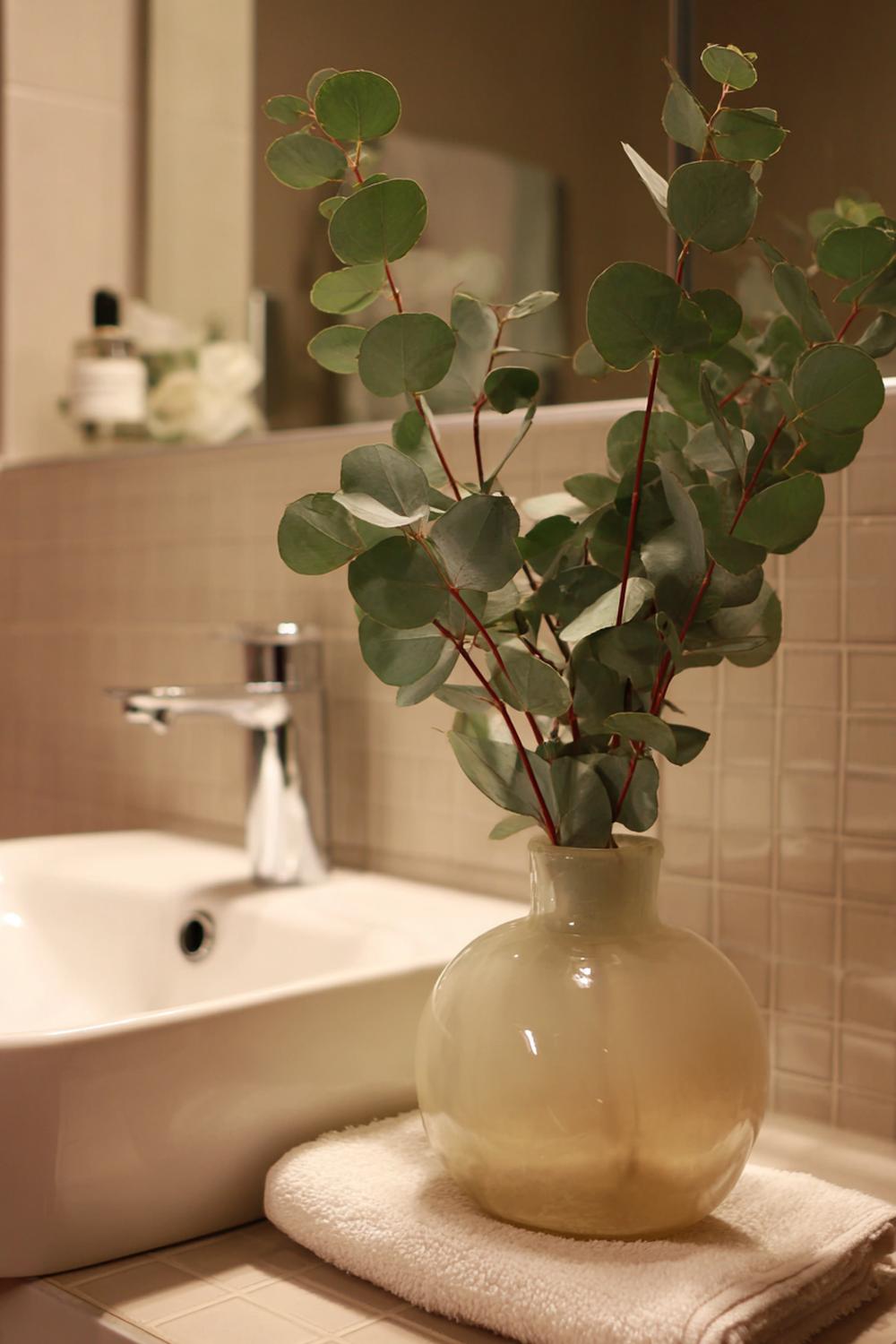 31. Badezimmer Deko Ideen klein: Kleine Vase mit Eukalyptus neben dem Waschbecken