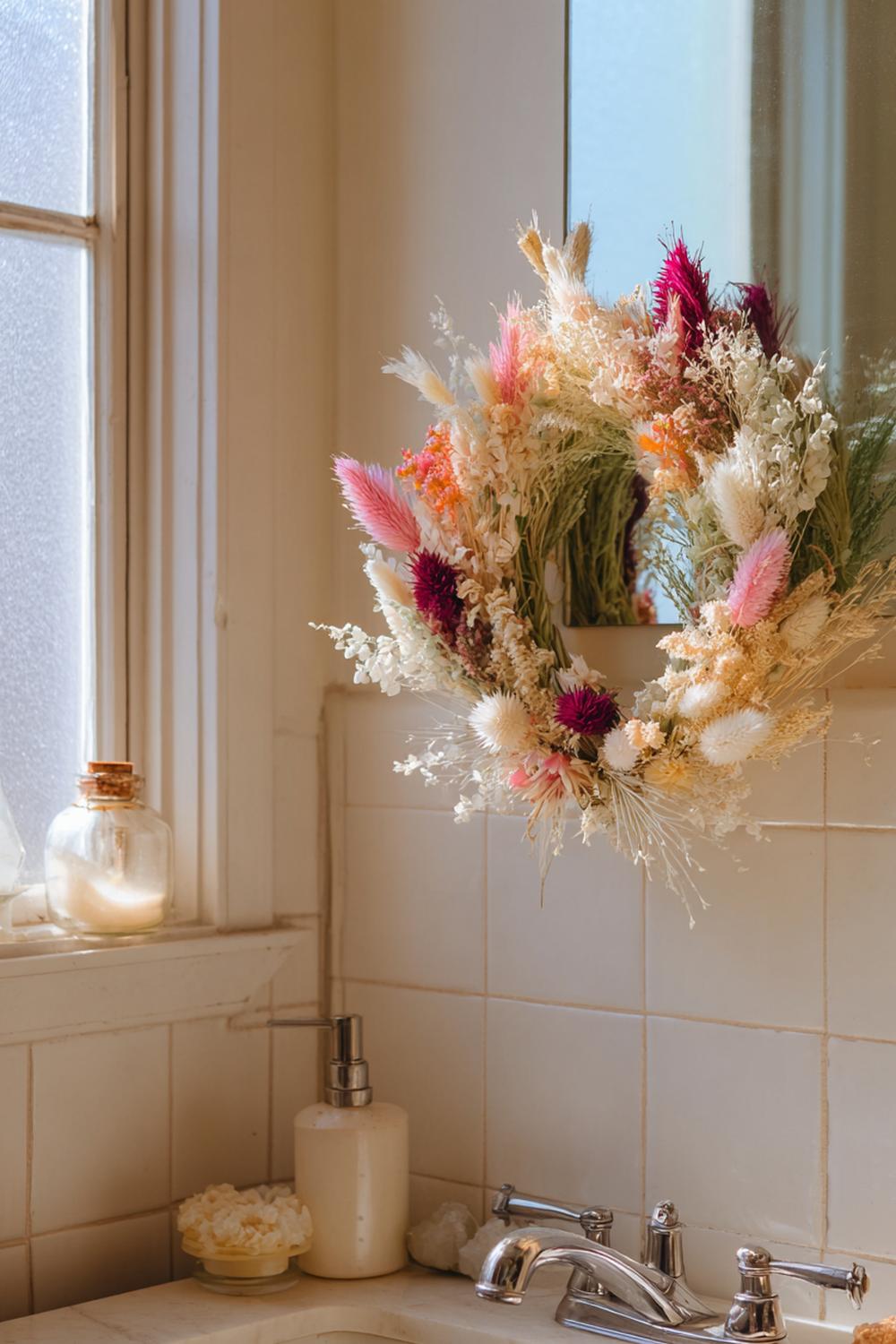 32. Badezimmer Deko Ideen klein: Türkranz aus Trockenblumen für sanfte Farbe