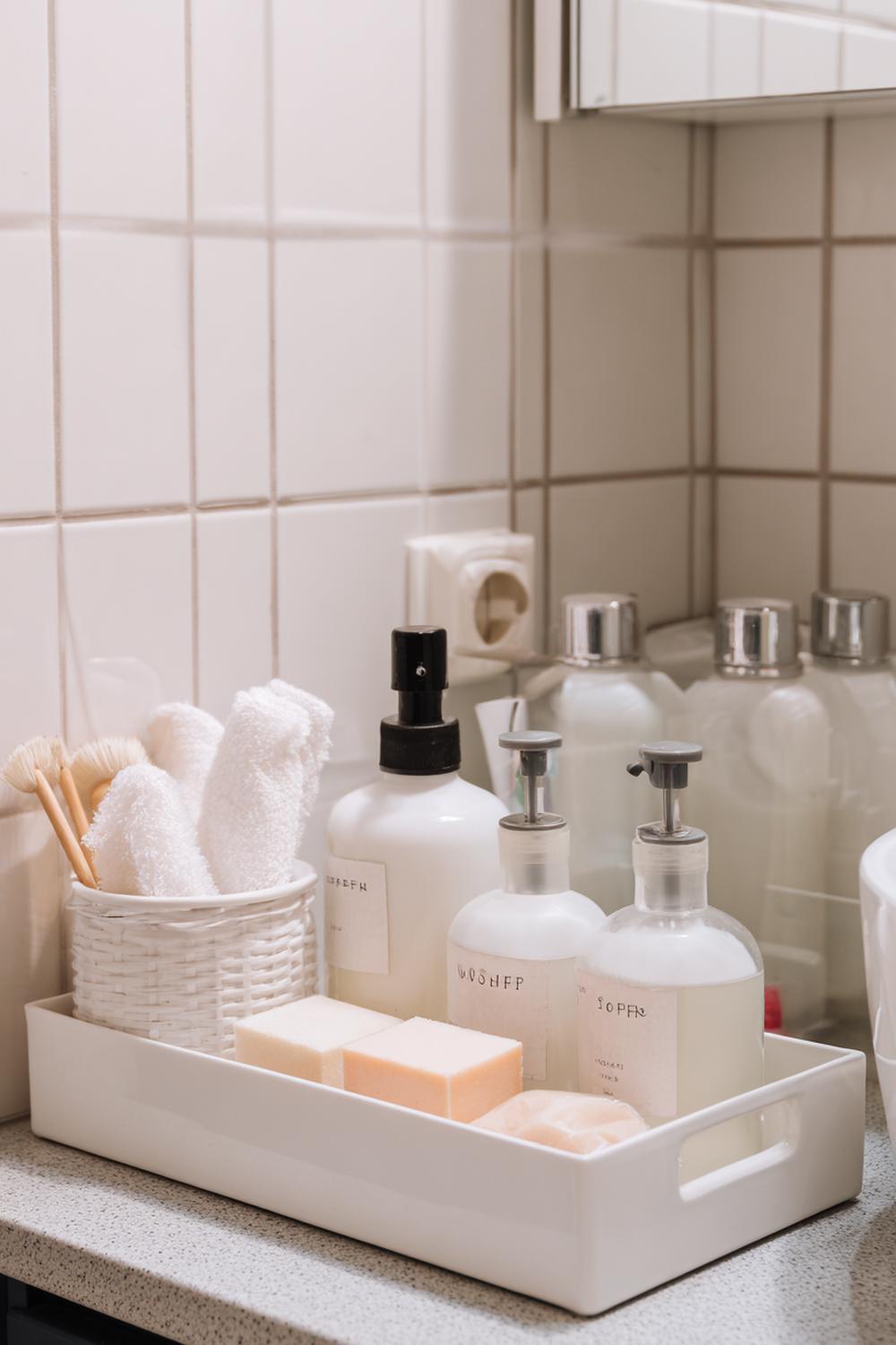 34. Badezimmer Deko Ideen klein: Nachfüllstation mit Etiketten auf schmalem Tablett