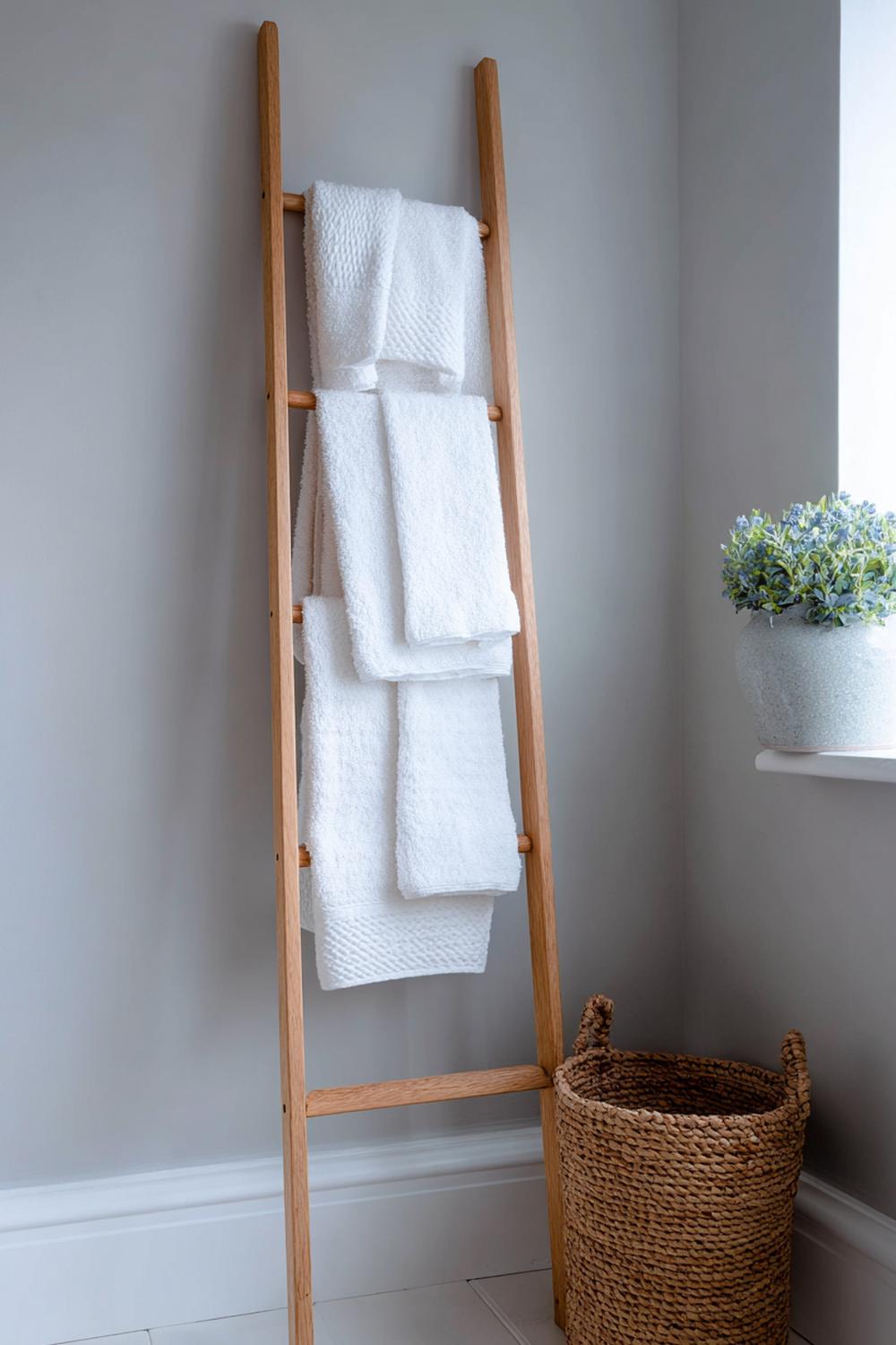 4. Badezimmer Deko Ideen klein: Handtuchleiter aus hellem Holz an der Wand