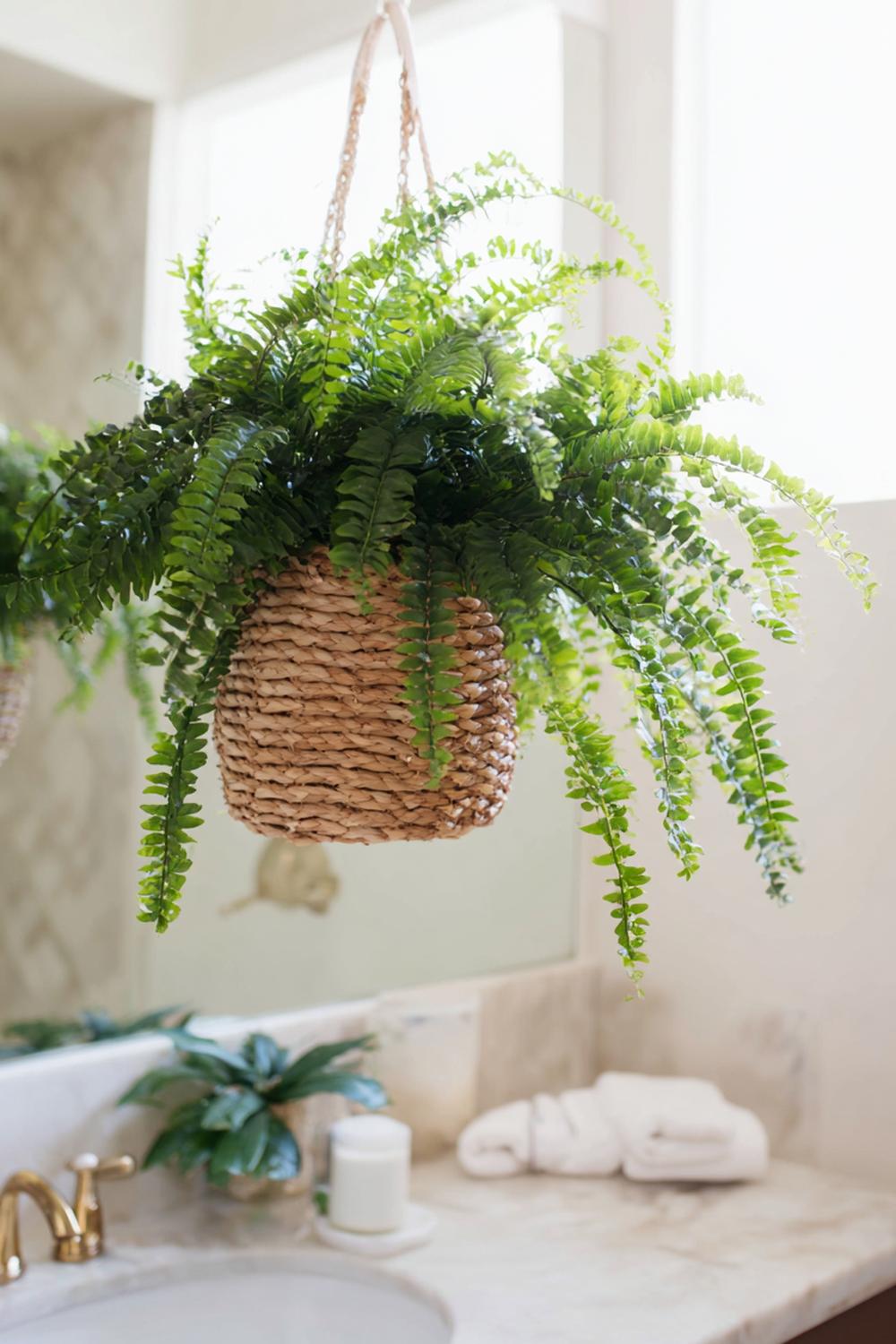 8. Badezimmer Deko Ideen klein: Hängender Pflanzenkorb mit Farn-Optik