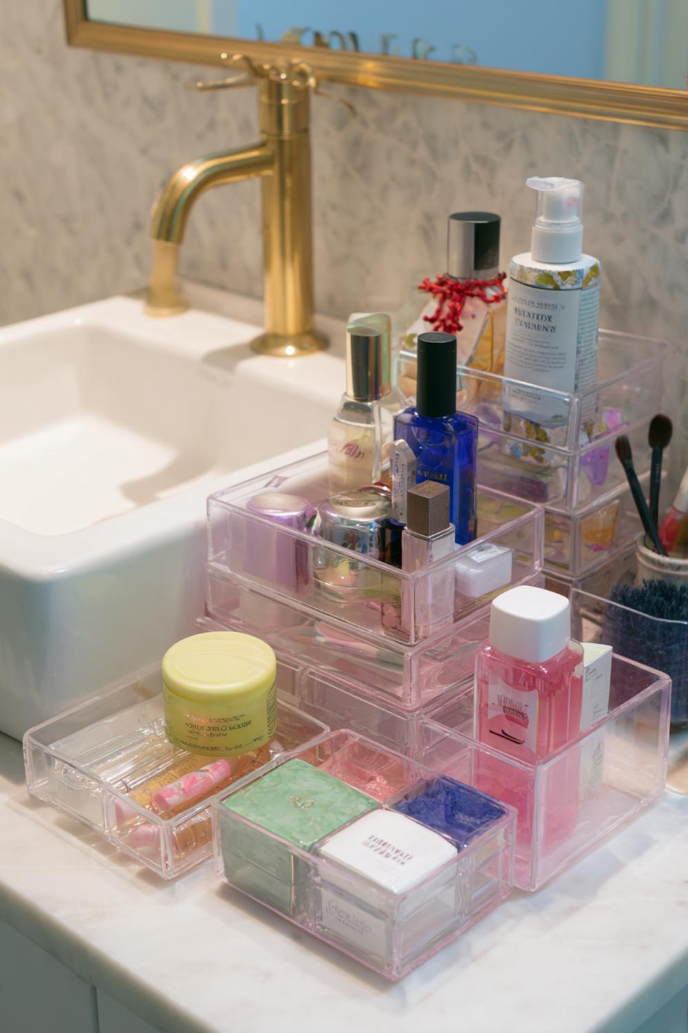 11. Badezimmer Organisation ohne Bohren mit stapelbaren Acrylboxen für Kosmetik am Waschbecken