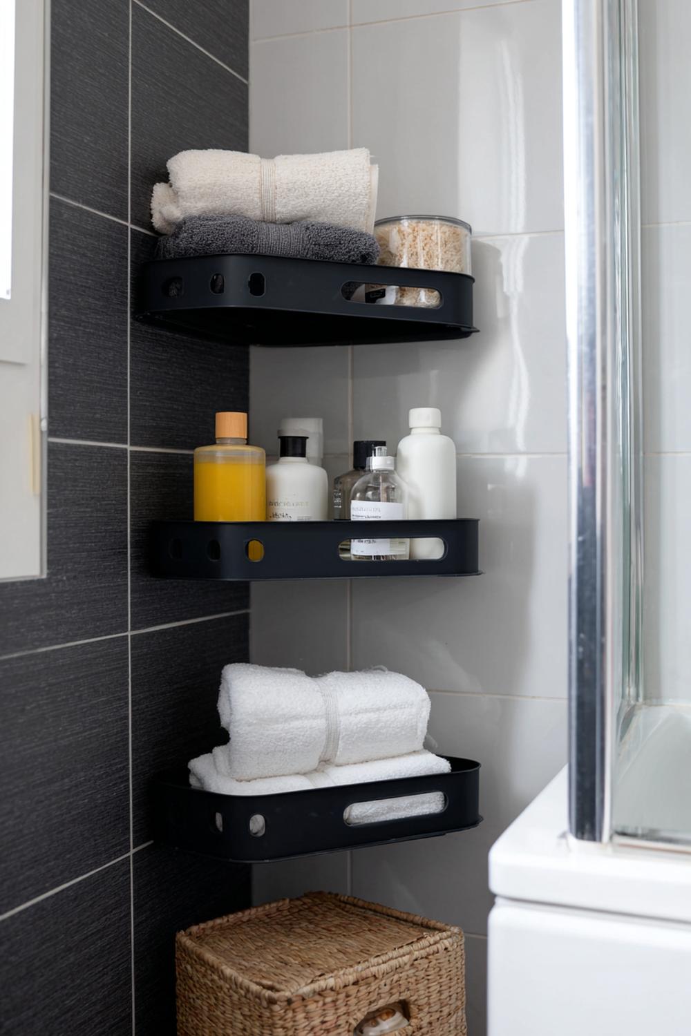 2. Badezimmer Organisation ohne Bohren mit Eck-Duschkorb in mattem Schwarz