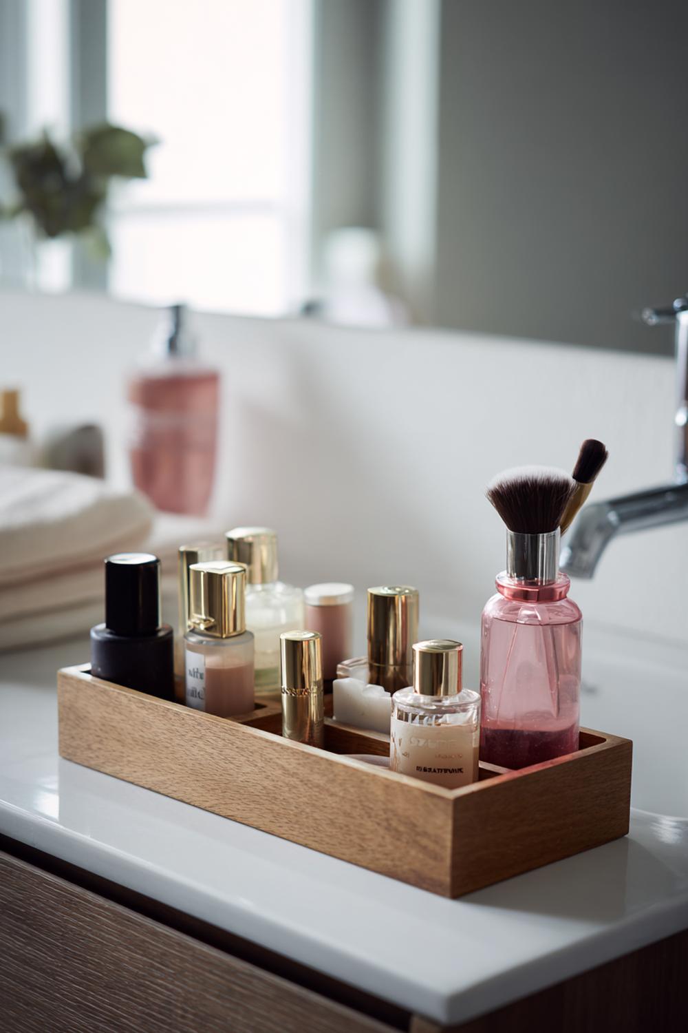 23. Badezimmer Organisation ohne Bohren mit freistehendem Schmink-Tablett in Steinoptik