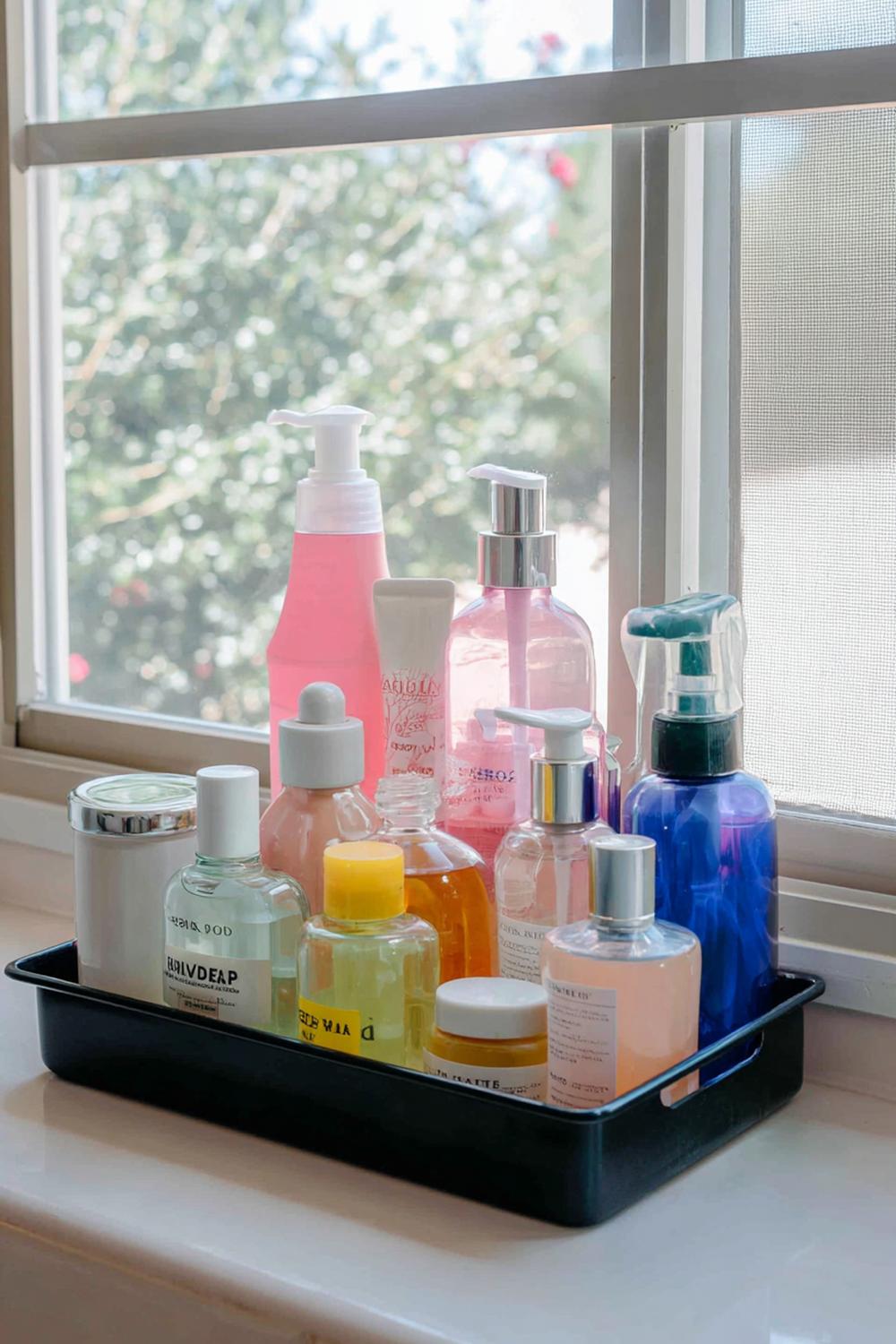 31. Badezimmer Organisation ohne Bohren mit Fensterbank-Organizer für Pflege in Glasflaschen