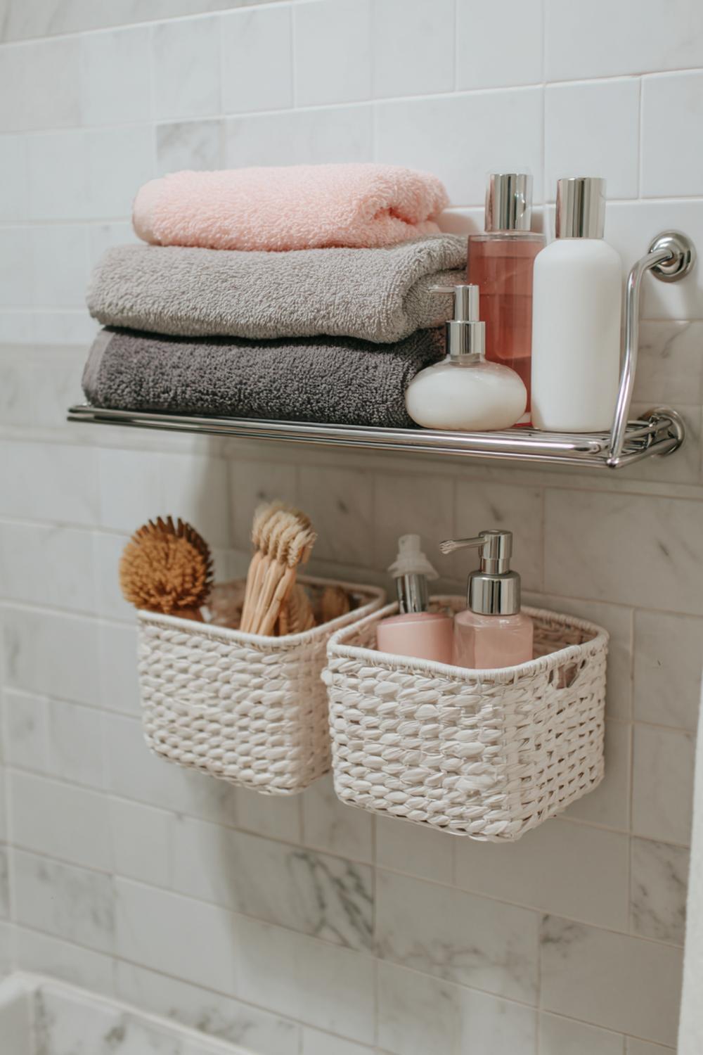 35. Badezimmer Organisation ohne Bohren mit klebbarer Wandstange für kleine Körbchen