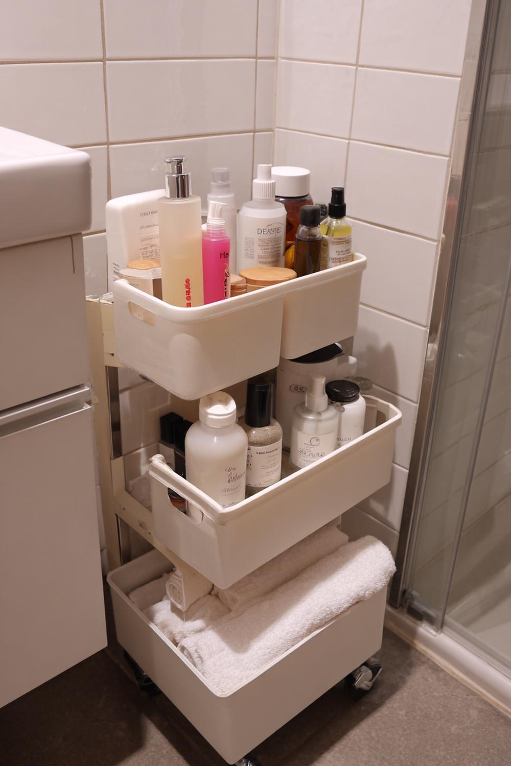 6. Badezimmer Organisation ohne Bohren mit schmalem Rollwagen neben dem Waschbecken