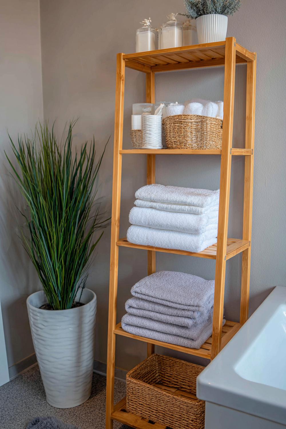 7. Badezimmer Organisation ohne Bohren mit freistehendem Bambus-Regal im Spa-Look