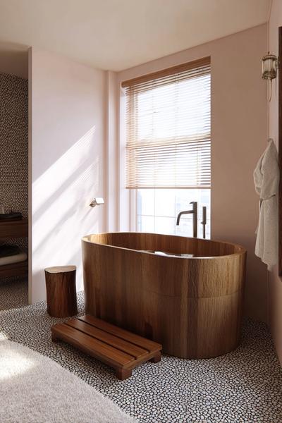 19. Japandi-Wanne mit Holztritt und Steintextur for bathroom remodel ideas with tub ideas