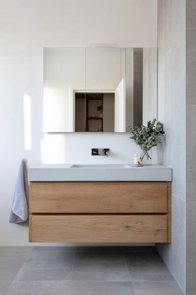 2. Warm-Minimal Vanity mit Eiche und Mikro-Zement for bathroom remodel ideas for 2025 style ideas