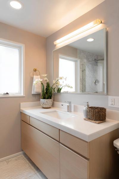 13. Clean-Look im Bathroom Remodel on a Budget Modern mit rechteckigem Spiegel und schlanker Wandleuchte