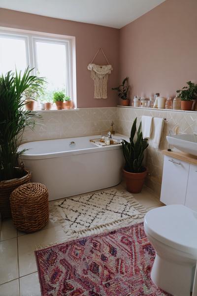 29. Sanfte Farben im Bathroom Remodel on a Budget Boho mit Terrakotta-Accessoires und Cremefliesen