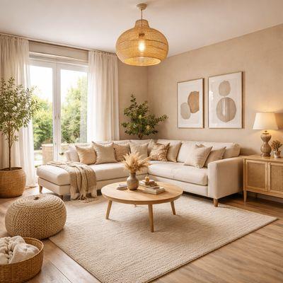 Beige und cremefarbenes Wohnzimmer