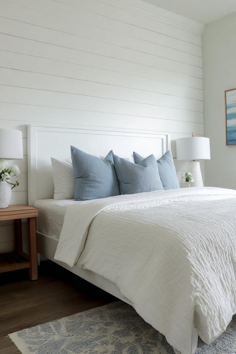 11. Bett-Kopfteil aus Shiplap-Holzpanelen in Weiß mit maritimer Klarheit