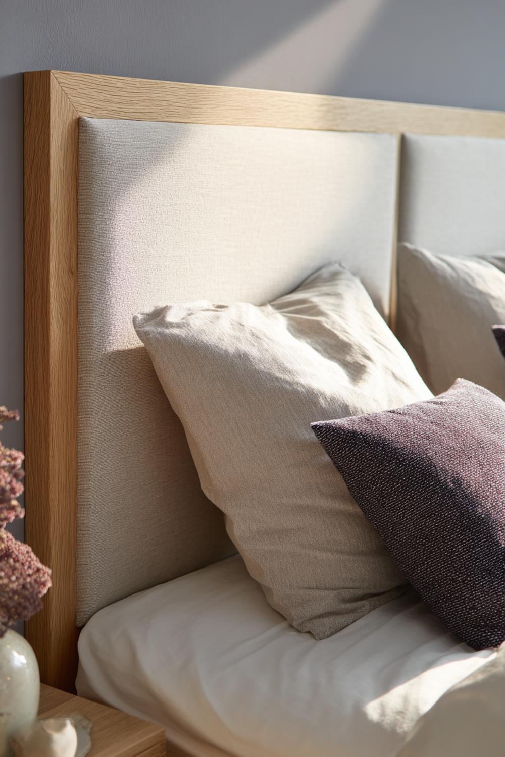12. Bett-Kopfteil aus einer Stoffbahn auf Holzrahmen im Leinen-Layering