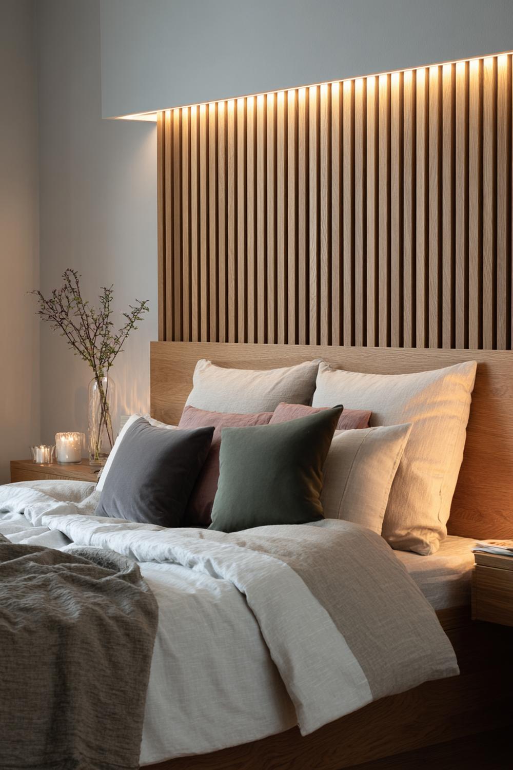 2. Bett-Kopfteil aus vertikalen Eichenleisten mit warmem LED-Lichtband