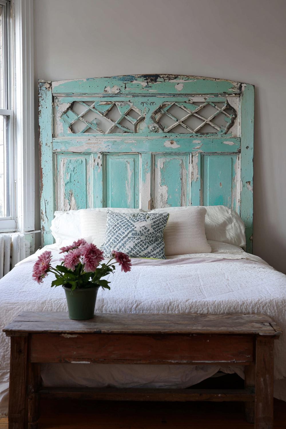 5. Bett-Kopfteil aus einer Vintage-Tür mit abgeplatztem Lack als Statement