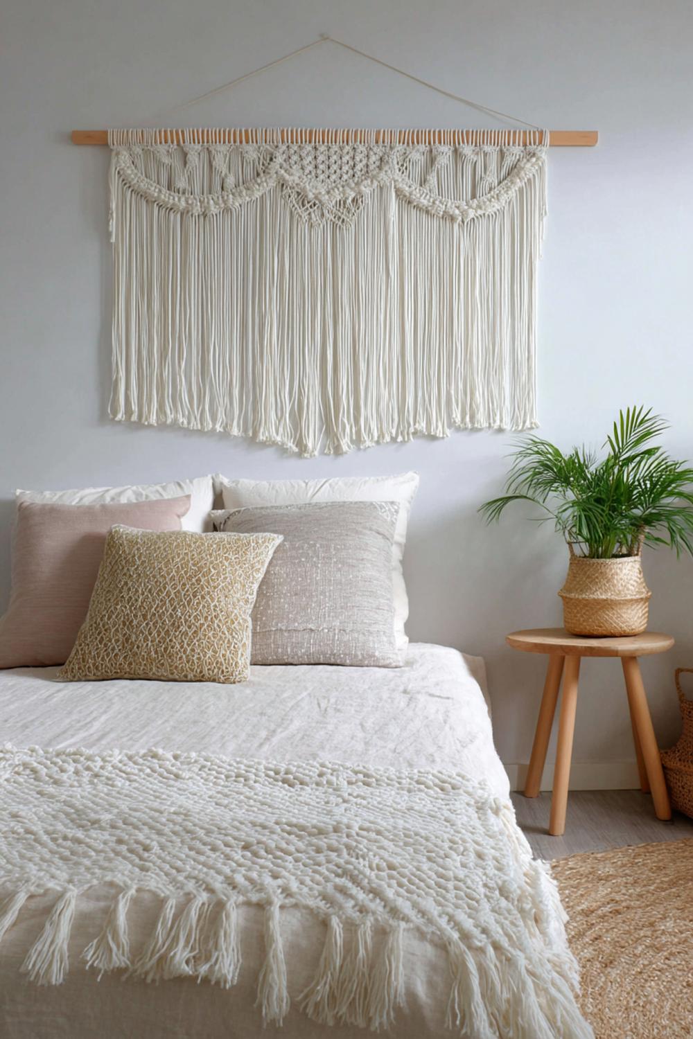 6. Bett-Kopfteil aus Makramee-Wandteppich mit Holzstange und Fransen