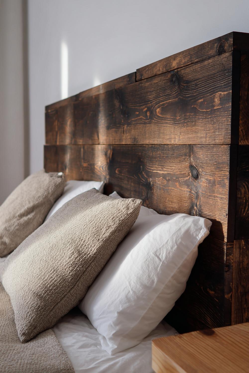9. Bett-Kopfteil aus Palettenholz mit dunkler Lasur und sichtbarer Maserung