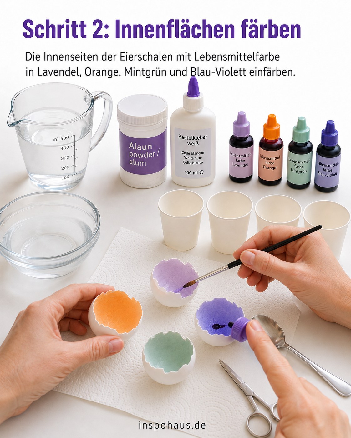 Innenseiten der Eierschalen werden mit Lebensmittelfarbe in Lavendel und Orange für die Kristallgeode bemalt