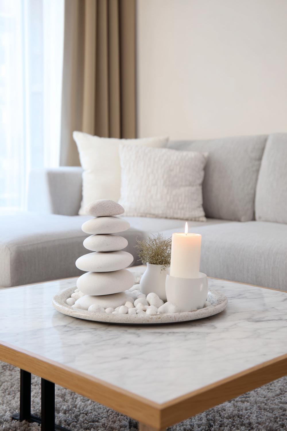 2. Couchtisch dekorieren minimalistisch mit Tablett aus Naturstein und Ton-in-Ton Objektgruppe