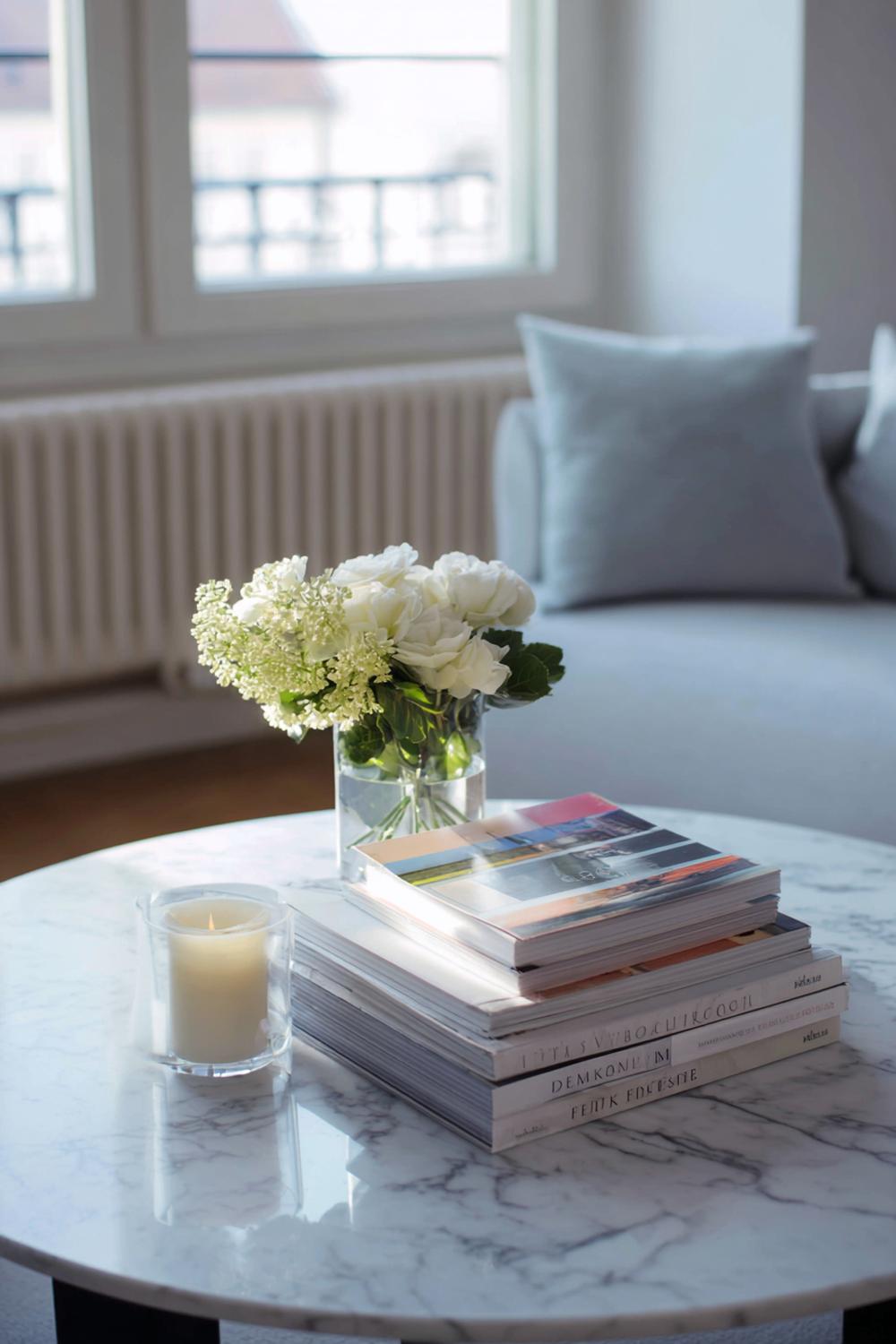 3. Couchtisch dekorieren minimalistisch mit Coffee-Table-Books und einer klaren Glasbox