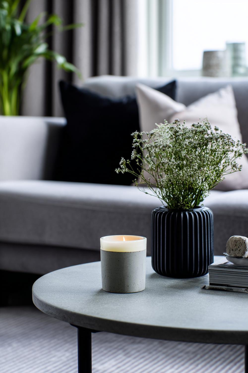 4. Couchtisch dekorieren minimalistisch mit Duftkerze im Betonbehälter und Streichholzröhrchen