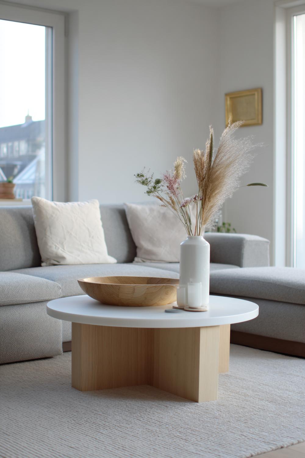 5. Couchtisch dekorieren minimalistisch mit Schale aus Holz und wenigen saisonalen Elementen