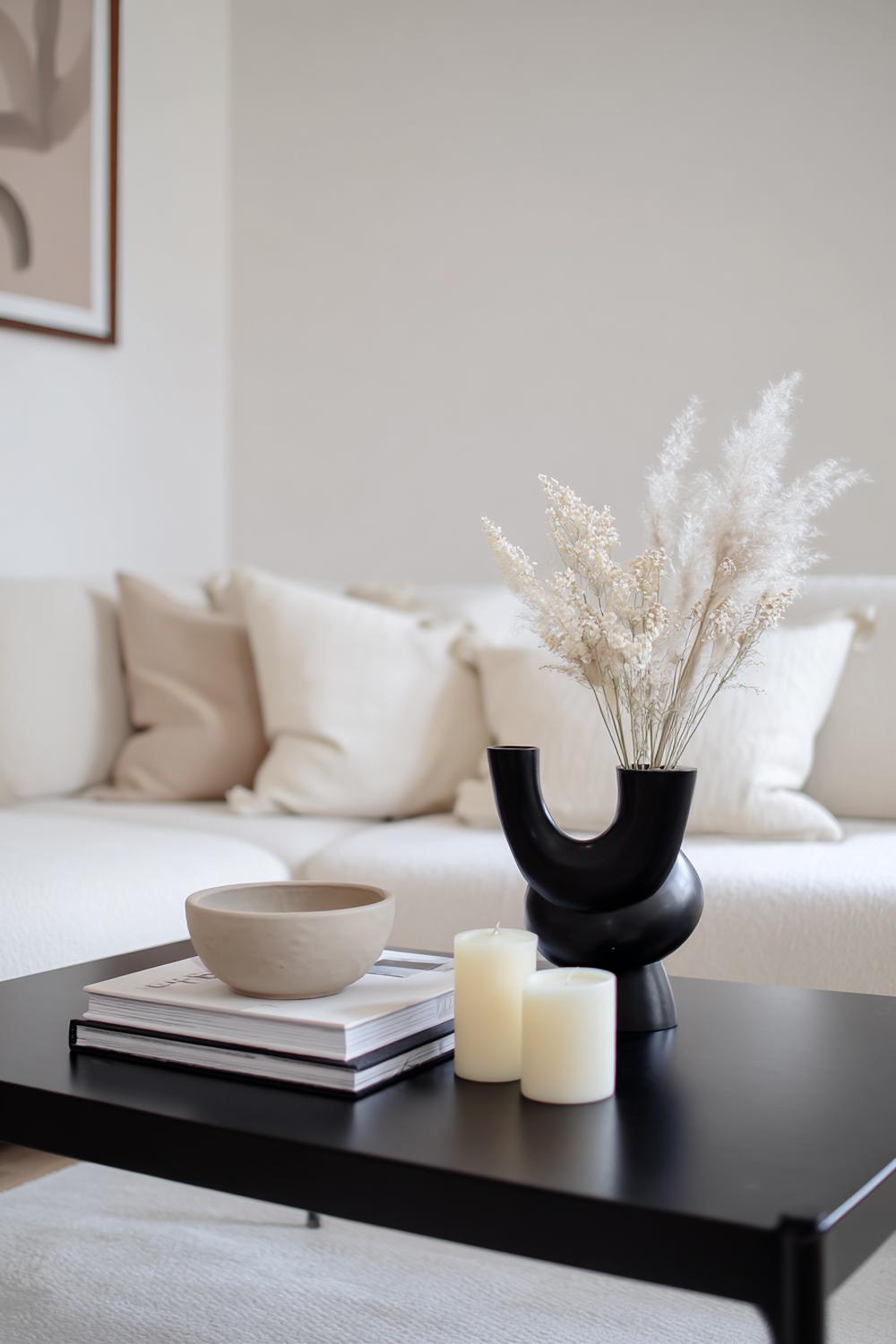 6. Couchtisch dekorieren minimalistisch mit schwarzer Metallskulptur und neutraler Texturmatte