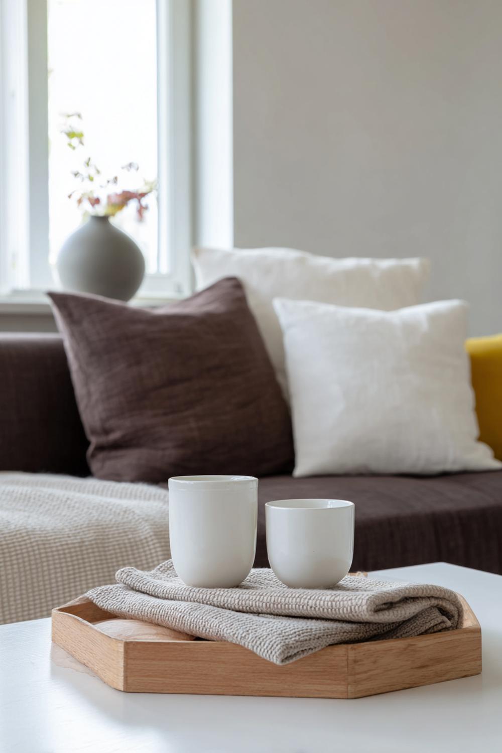 8. Couchtisch dekorieren minimalistisch mit zwei Bechern, Leinen-Serviette und Holzuntersetzern
