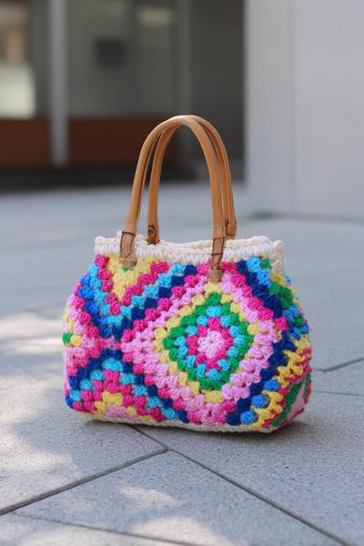 10. Geometrische Granny-Square-Bag in crochet bag tutorials video how to make mit Lederlabel
