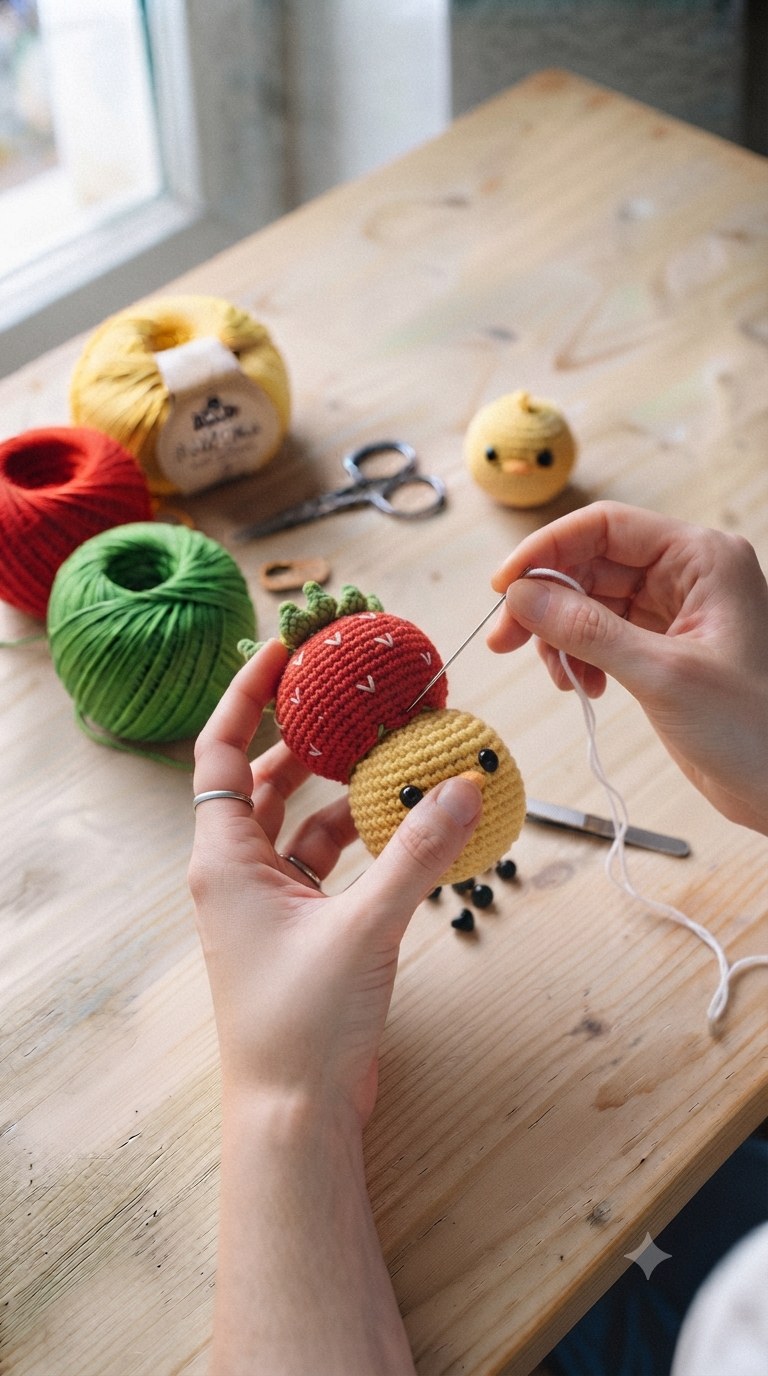 7. Erdbeere verbinden beim for Crochet Strawberry Chick Free Pattern Tutorial ideas