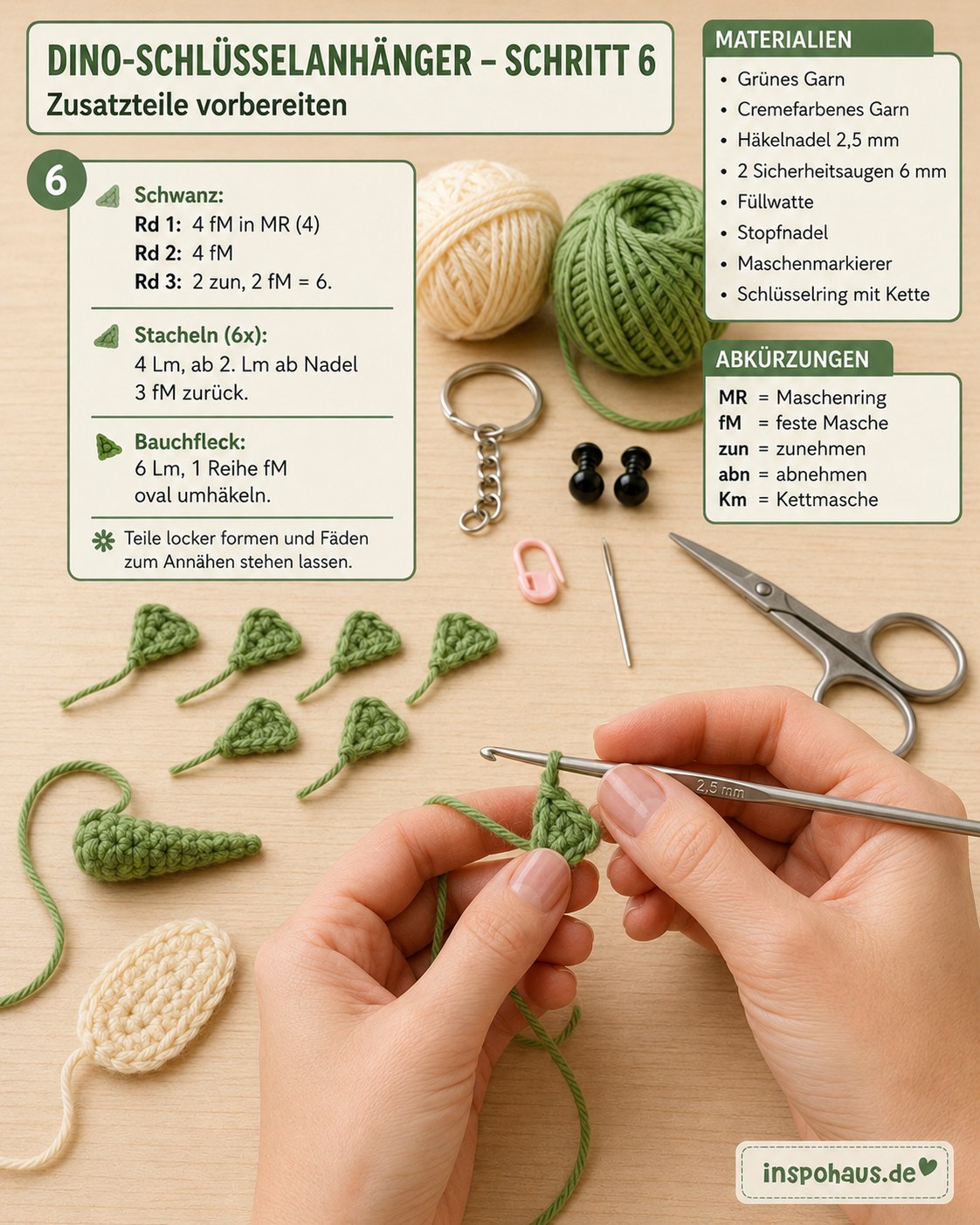 Schwanz, Stacheln und Bauchfleck vorbereitet für den Dino Amigurumi Schlüsselanhänger häkeln
