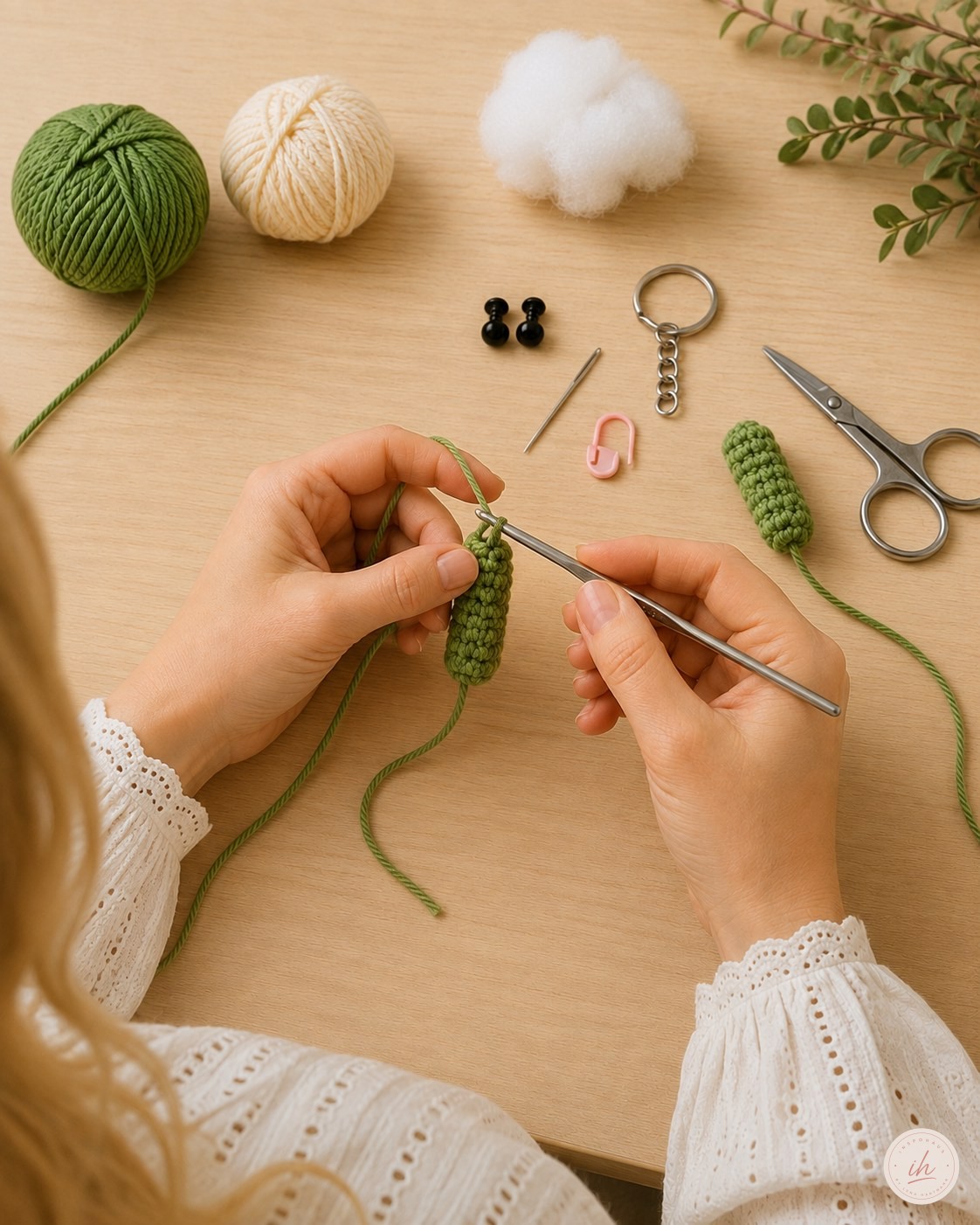 Feine Finger halten die Häkelnadel beim Arm häkeln für den Dino Amigurumi Schlüsselanhänger