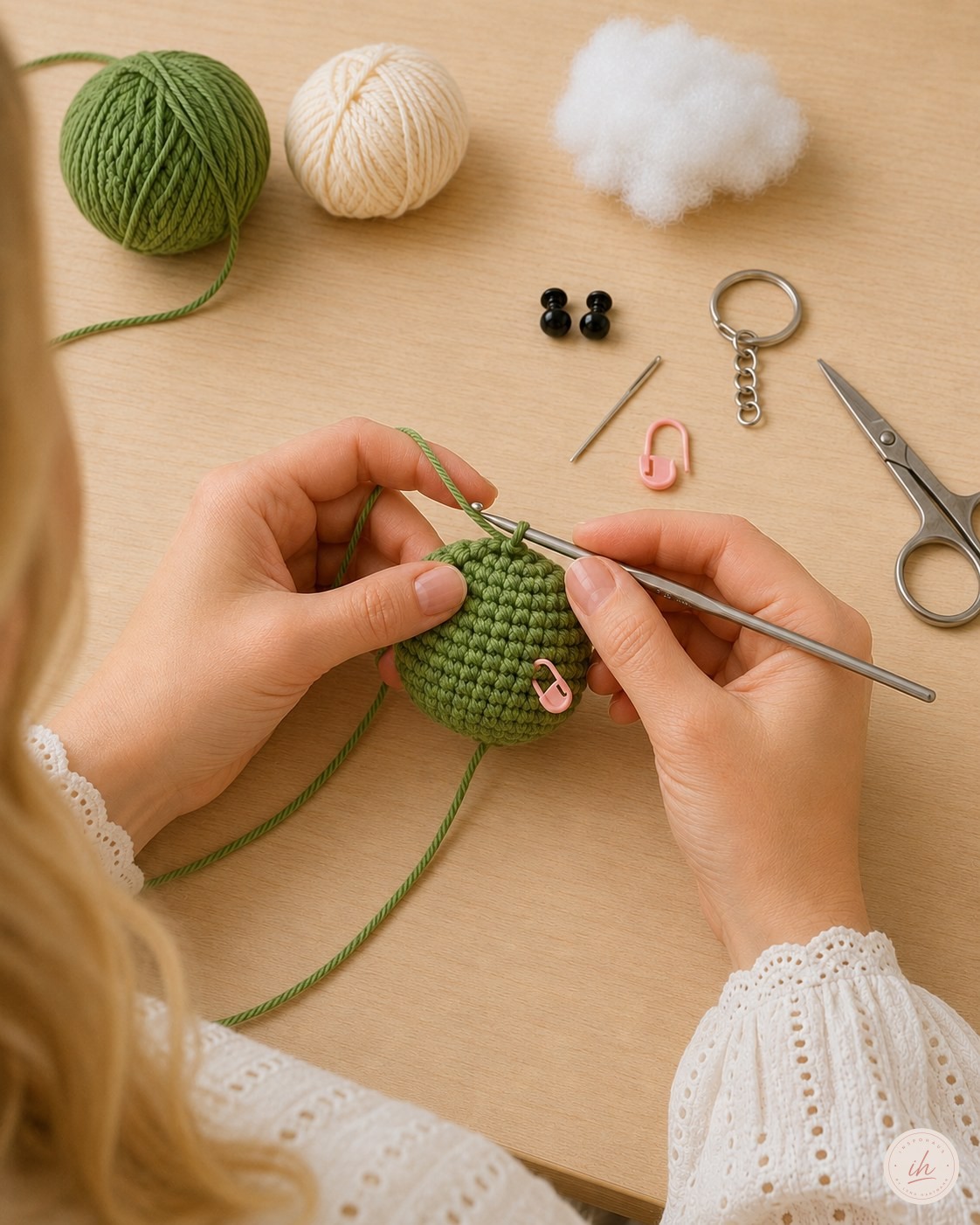 Maschenmarkierer steckt im grünen Rundteil beim Dino Amigurumi Schlüsselanhänger häkeln