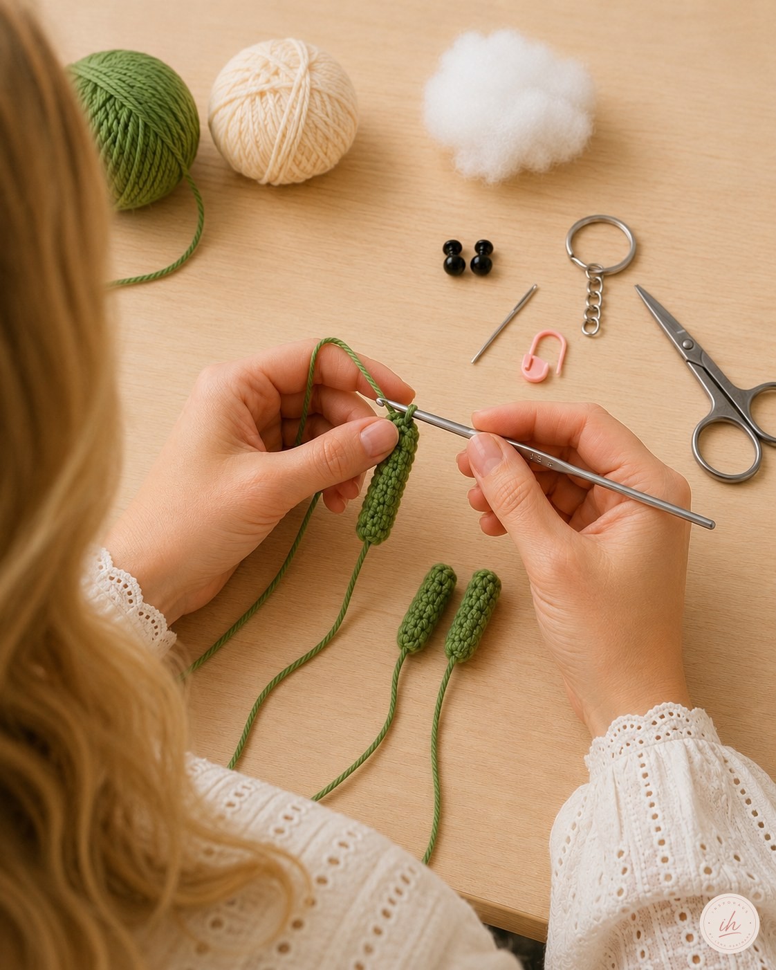 Mehrere Arme liegen bereit während des Dino Amigurumi Schlüsselanhänger Häkelns auf dem Tisch