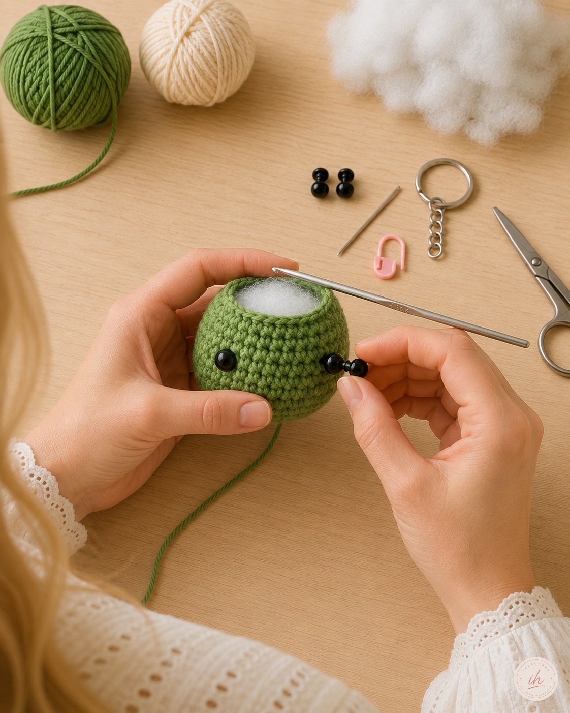 Sicherheitsaugen werden probeweise am Kopf des Dino Amigurumi Schlüsselanhängers gehalten