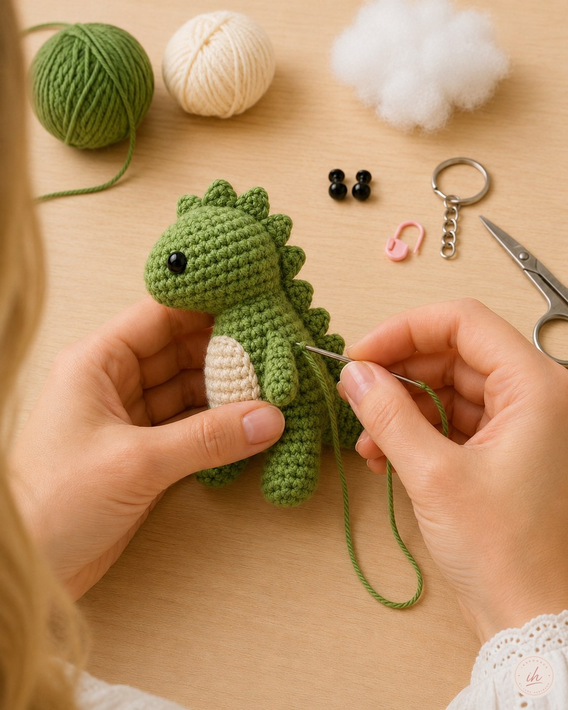 Stacheln werden entlang des Rückens beim Dino Amigurumi Schlüsselanhänger häkeln festgenäht